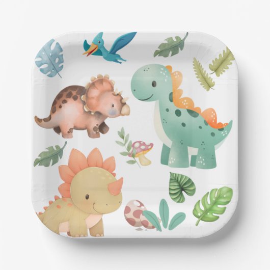 Süßer grüner Dinosaurier Pappteller (Vorderseite)