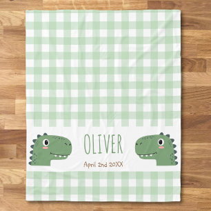Süßer grüner Dinosaurierkopf Gingham Name Geburt Fleecedecke