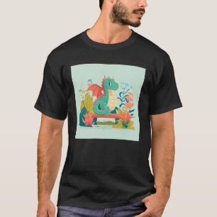 Süßer grüner Drache sitzt auf einer Bank in einem T-Shirt