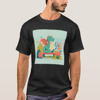 Süßer grüner Drache sitzt auf einer Bank in einem  T-Shirt