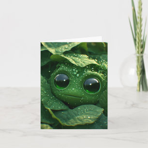 Süßer grüner Frosch versteckt in taufrischen Blätt Karte