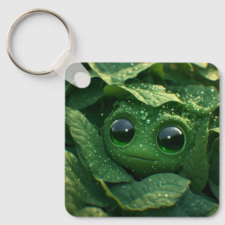 Süßer grüner Frosch versteckt in taufrischen Blätt Schlüsselanhänger