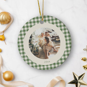 Süßer grüner Gingham-Foto-Jahres-Schmuck Keramik Ornament