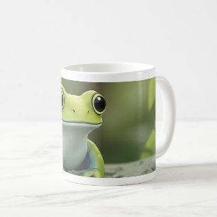 Süßer grüner Laubfrosch auf einem Blatt Kaffeetasse