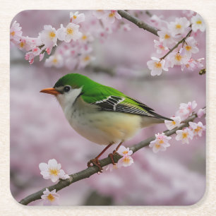 Süßer grüner Vogel in einem weißen blühenden Baum Rechteckiger Pappuntersetzer