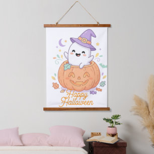 Süßer gruseliger Halloween-Geist und Kürbis-Wallpa Wandteppich Mit Holzrahmen