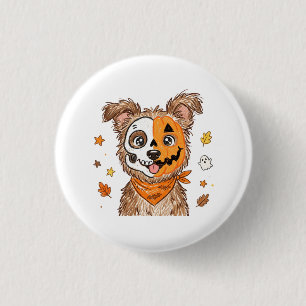 Süßer halb Skelett halb Kürbis Hund Halloween Farb Button