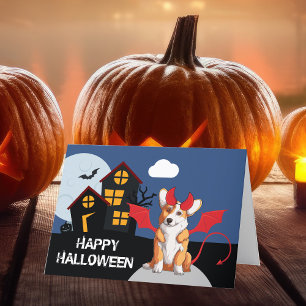Süßer Halloween-Corgi im Teufelskostüm Feiertagskarte