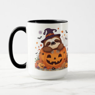 Süßer Halloween-Faultier, das eine gemütliche Tass Tasse