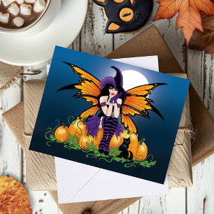 Süßer Halloween-Fee-Kürbisgarten schwarze Katze Karte