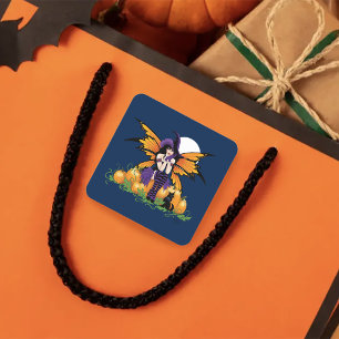 Süßer Halloween-Fee-Kürbisgarten schwarze Katze Quadratischer Aufkleber