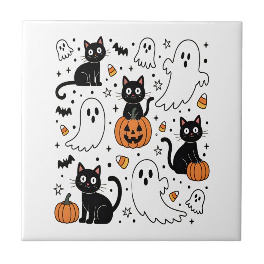 Süßer Halloween-Geist Boo-Katze Fliese (Vorderseite)