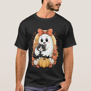 Süßer Halloween-Geist hält Katze Groovy Floral Kür T-Shirt