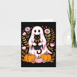 Süßer Halloween-Geist hält schwarze Katze Vintage Karte