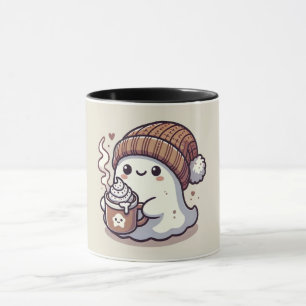 Süßer Halloween-Geist im Herbst-Beanie und Heißer  Tasse