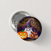 Süßer Halloween-Geist mit Hexenhut und Kürbissen Button (Vorne & Hinten)