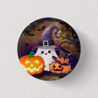 Süßer Halloween-Geist mit Hexenhut und Kürbissen Button