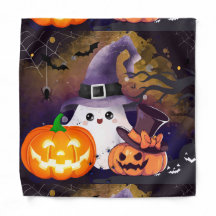 Süßer Halloween-Geist mit Hexenhut und Kürbissen