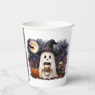 Süßer Halloween-Geist mit Kaffeetasse Wasserfarbe Pappbecher