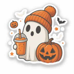 Süßer Halloween-Geist mit Kürbis und Getränk  Aufkleber