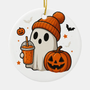 Süßer Halloween-Geist mit Kürbis und Getränk  Keramik Ornament