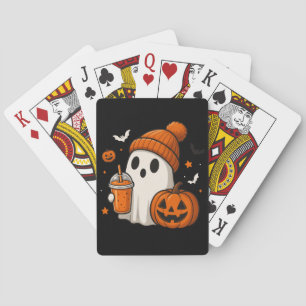 Süßer Halloween-Geist mit Kürbis und Getränk Spielkarten