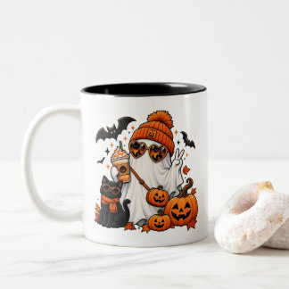 Süßer Halloween-Geist & schwarze Katze – Gruselige Zweifarbige Tasse