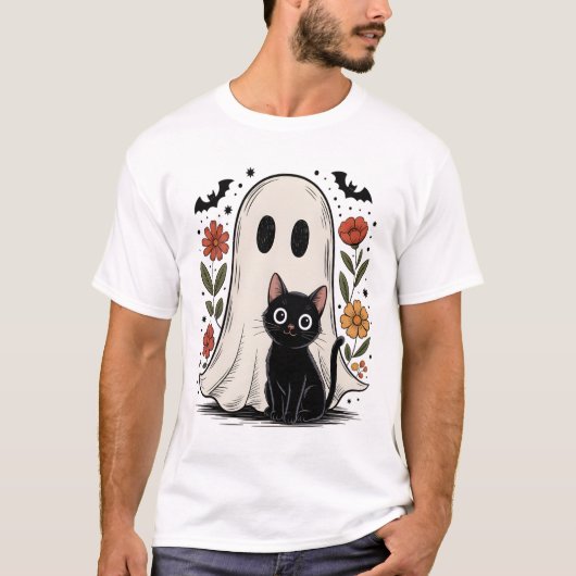Süßer Halloween-Geist und Katze T-Shirt (Vorderseite)