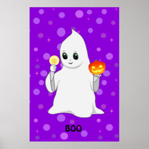 Süßer Halloween-Geist und Kürbis auf Lila Poster