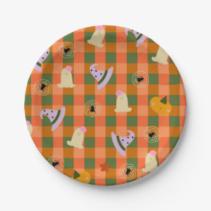 Süßer Halloween-Gingham-Geister-Henkerhut Pappteller