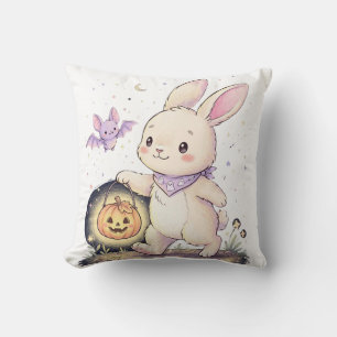 Süßer Halloween-Hase mit Kürbislaterne und Flederm Kissen