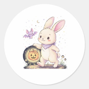 Süßer Halloween-Hase mit Kürbislaterne und Flederm Runder Aufkleber