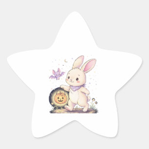 Süßer Halloween-Hase mit Kürbislaterne und Flederm Stern-Aufkleber