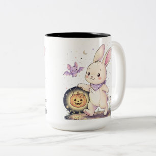 Süßer Halloween-Hase mit Kürbislaterne und Flederm Zweifarbige Tasse