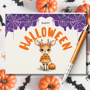 Süßer Halloween-Hirsch mit Kürbis Frohes Halloween Feiertagspostkarte