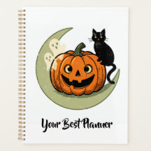 Süßer Halloween-Kater auf Mond-Kürbis-Planer