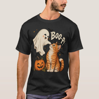 Süßer Halloween-Kater mit Geist und Kürbis-Buh T-Shirt