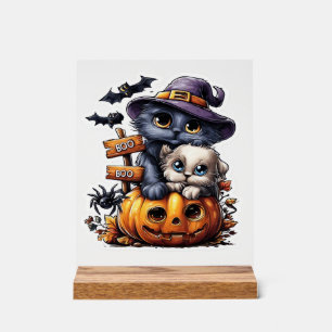 Süßer Halloween-Katzen-Aufkleber � Hexenhut, Kürbi Acrylschild