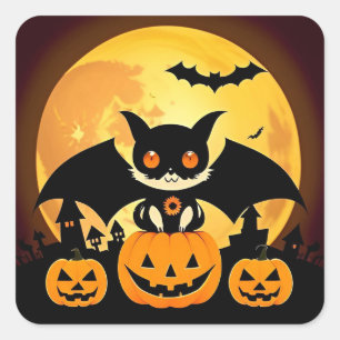 Süßer Halloween-Katzen-Charakter Kürbisse Grusel-D Quadratischer Aufkleber
