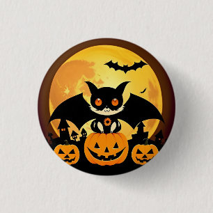 Süßer Halloween-Katzen-Charakter mit Kürbissen Button