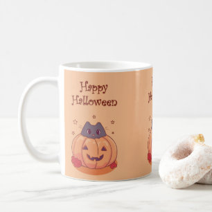 Süßer Halloween-Kürbis Graue Katze Kaffeetasse