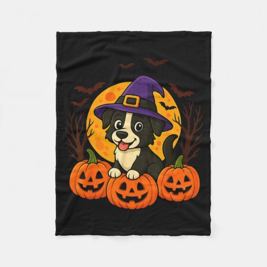 Süßer Halloween-Schwarzer Hund mit Hexenhut und Fleecedecke (Vorderseite)