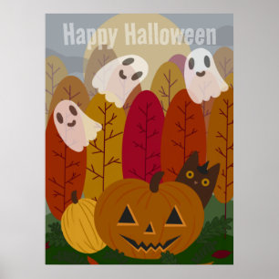Süßer Halloween-Schwarzer-Kater und Geister Herbst Poster