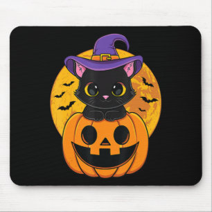 Süßer Halloween-Schwarzer-Katze-Hexenhut-Kürbis fü Mousepad