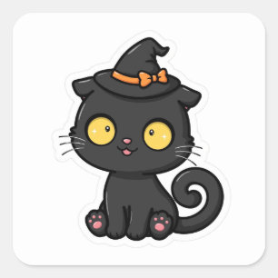 Süßer Halloween-Schwarzer-Katze-Hexenhut Quadratischer Aufkleber