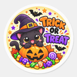 Süßer Halloween-Schwarzer-Katze-Trick-or-Treat-Auf Runder Aufkleber