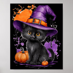 Süßer Halloween-Schwarzer-Katzen-Hexenhut-Kürbis Poster