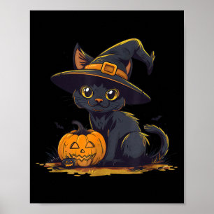 Süßer Halloween-Schwarzer-Katzen-Hexenhut-Kürbis Poster