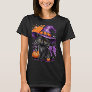 Süßer Halloween-Schwarzer-Katzen-Hexenhut-Kürbis T-Shirt