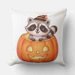Süßer Halloween-Waschbär in Jack-o'-Lantern-Kürbis Kissen